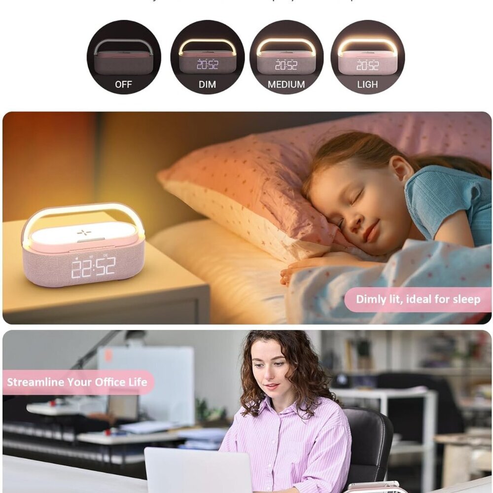 Bluetooth Speaker with Wireless Charger, FM Radio, Dimmable LED Night Light, Dua - Picture 6 of 8